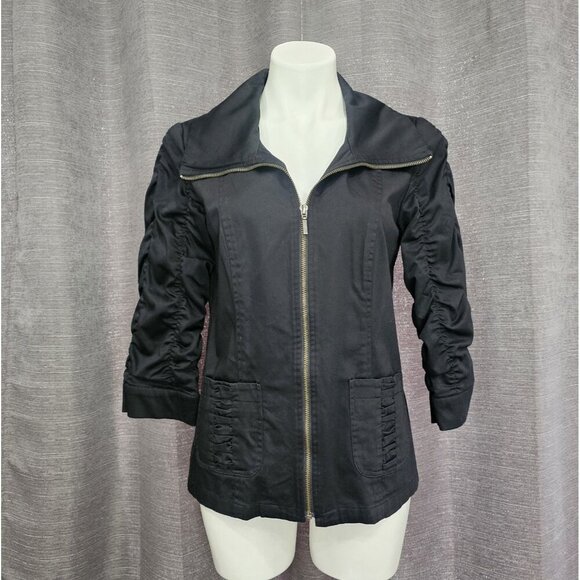 Tribal Womens Jacket‎ Top Black Zip Pockets 3/4 Gather Ruched Sleeve Size 6 - Picture 1 of 14